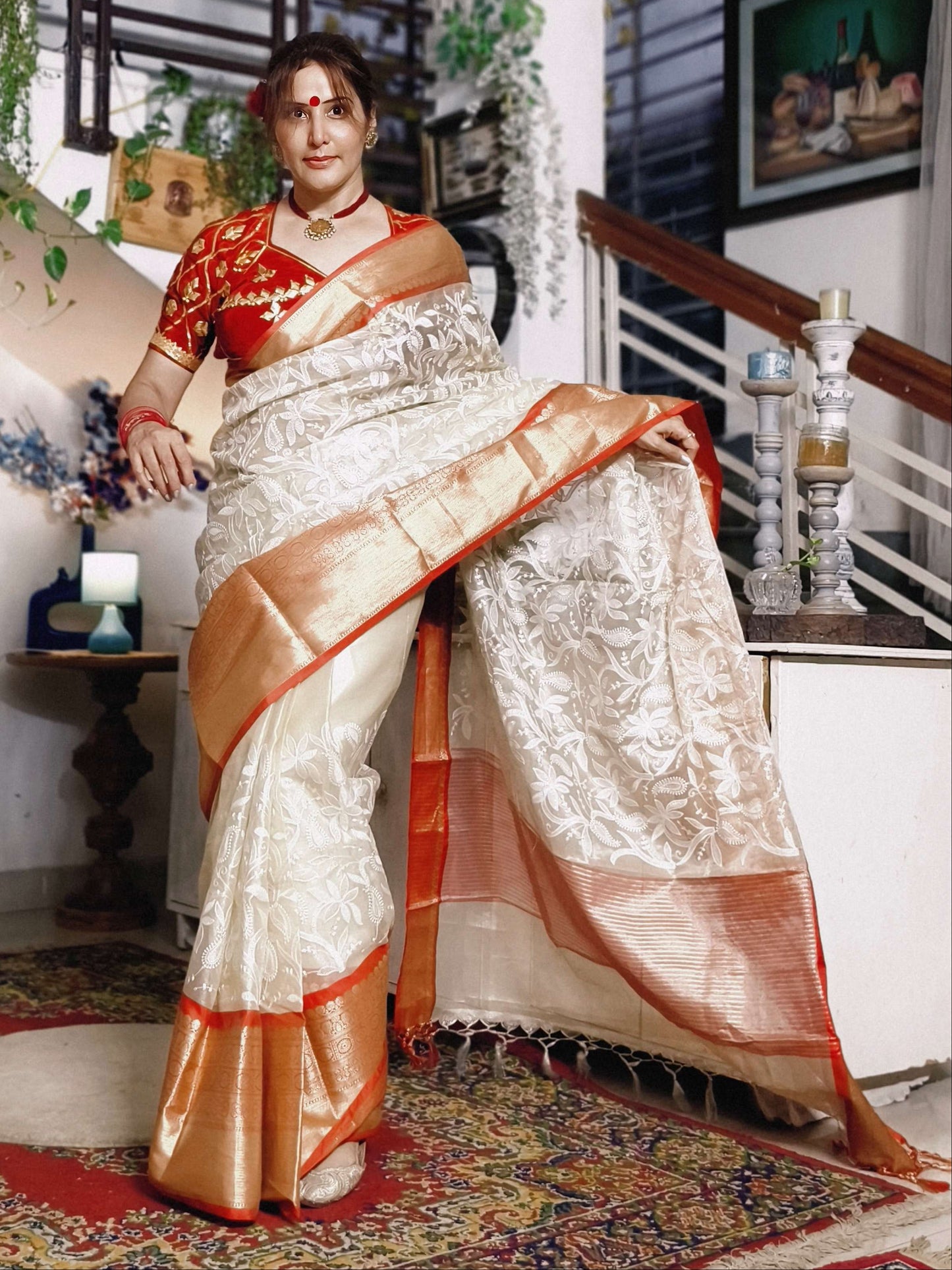 Ivory Embroidered Tissue Silk Saree - Red Border