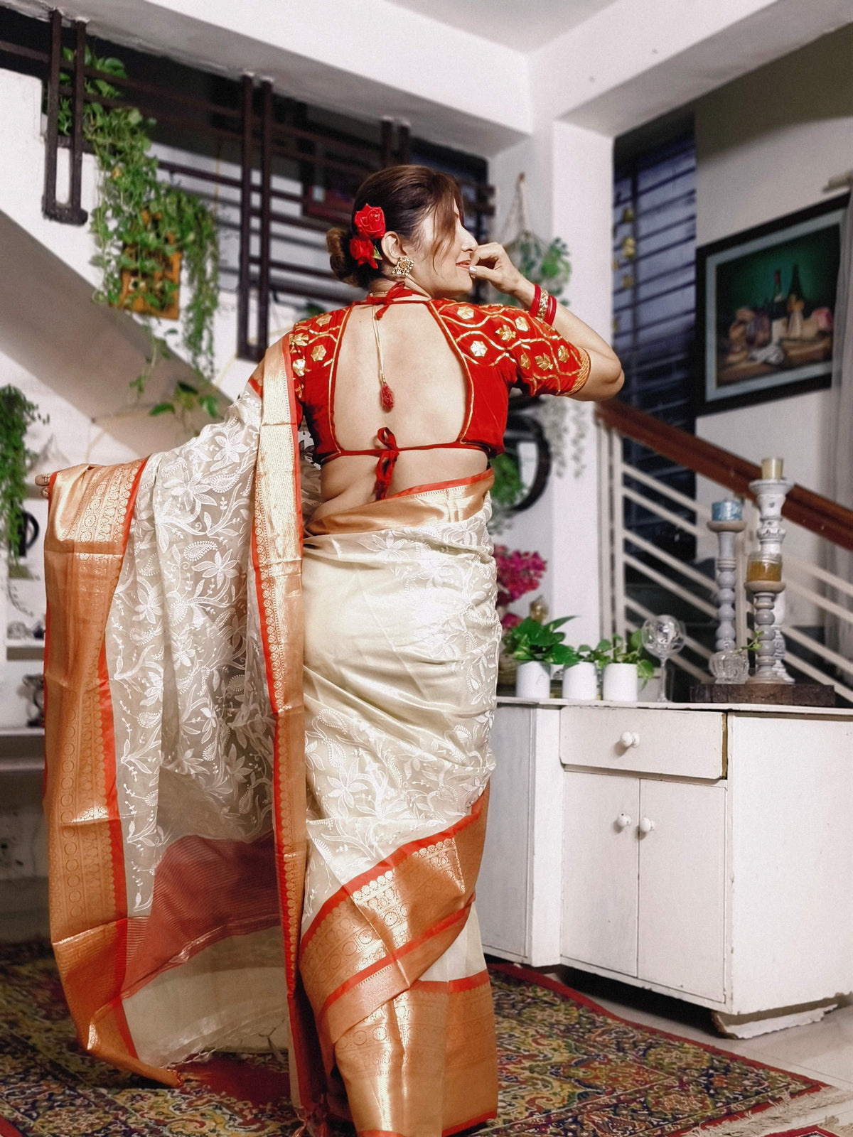 Ivory Embroidered Tissue Silk Saree - Red Border