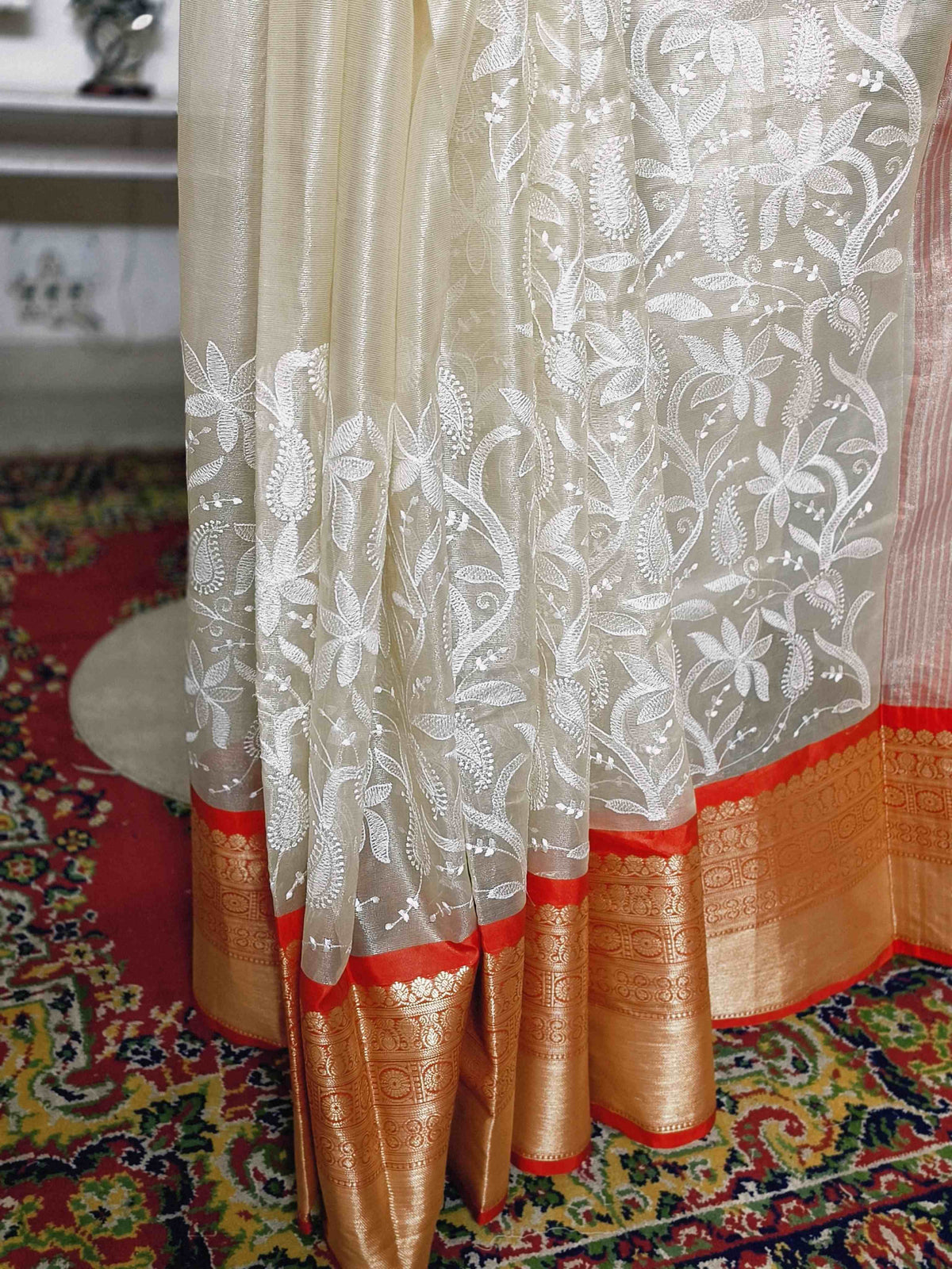 Ivory Embroidered Tissue Silk Saree - Red Border