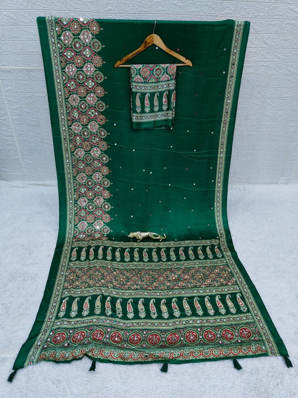 Bottle Green Broad Border Ajrakh Print & Mirror Work