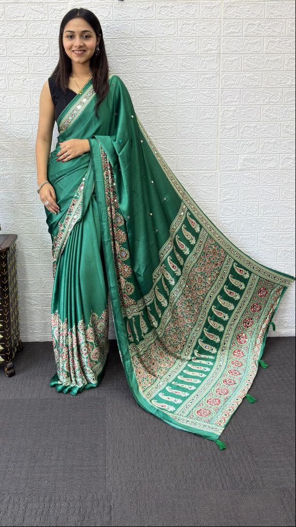 Bottle Green Broad Border Ajrakh Print & Mirror Work