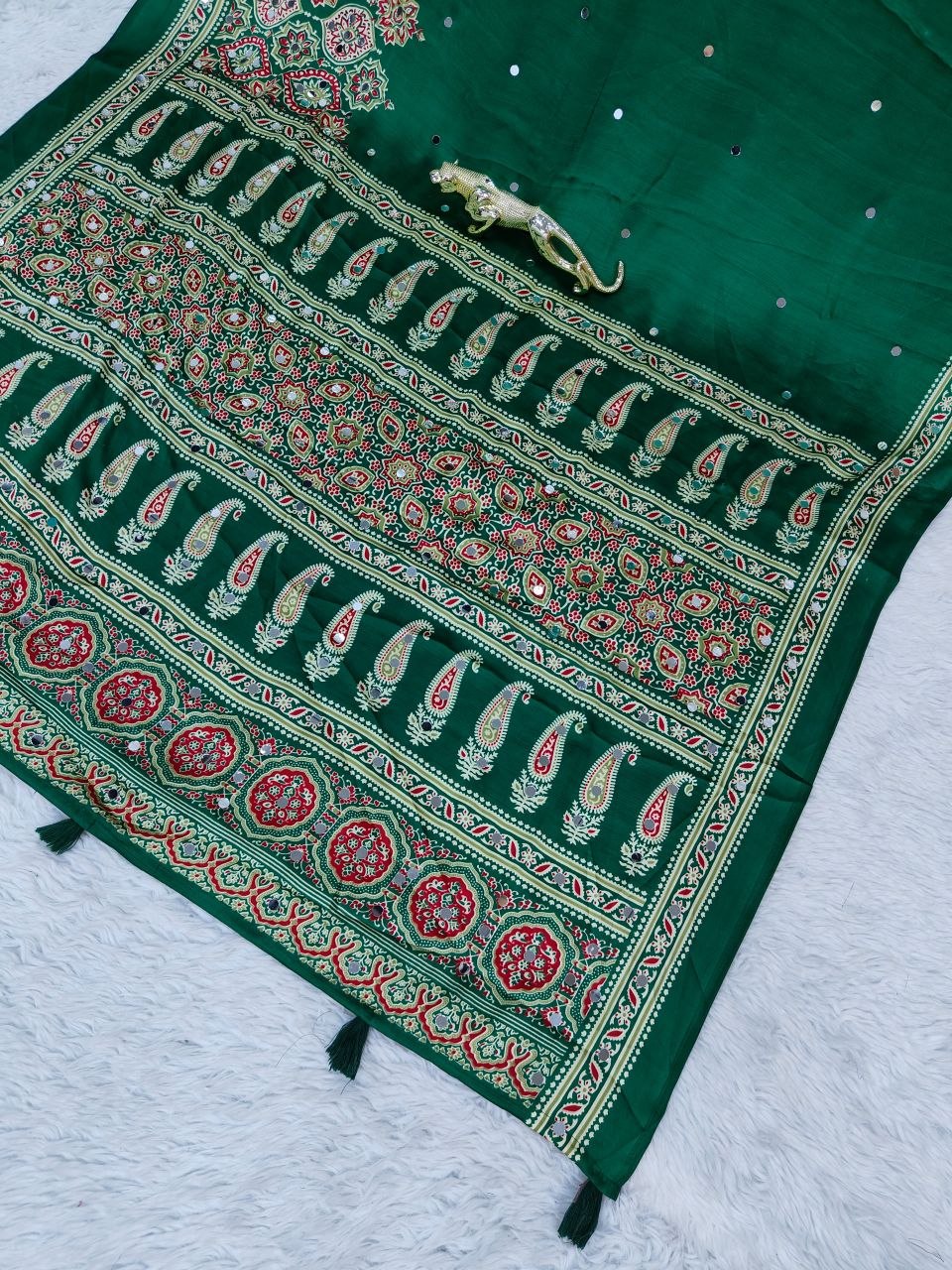 Bottle Green Broad Border Ajrakh Print & Mirror Work