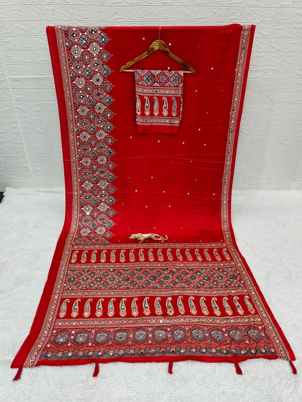 Red Broad Border Ajrakh Print & Mirror Work