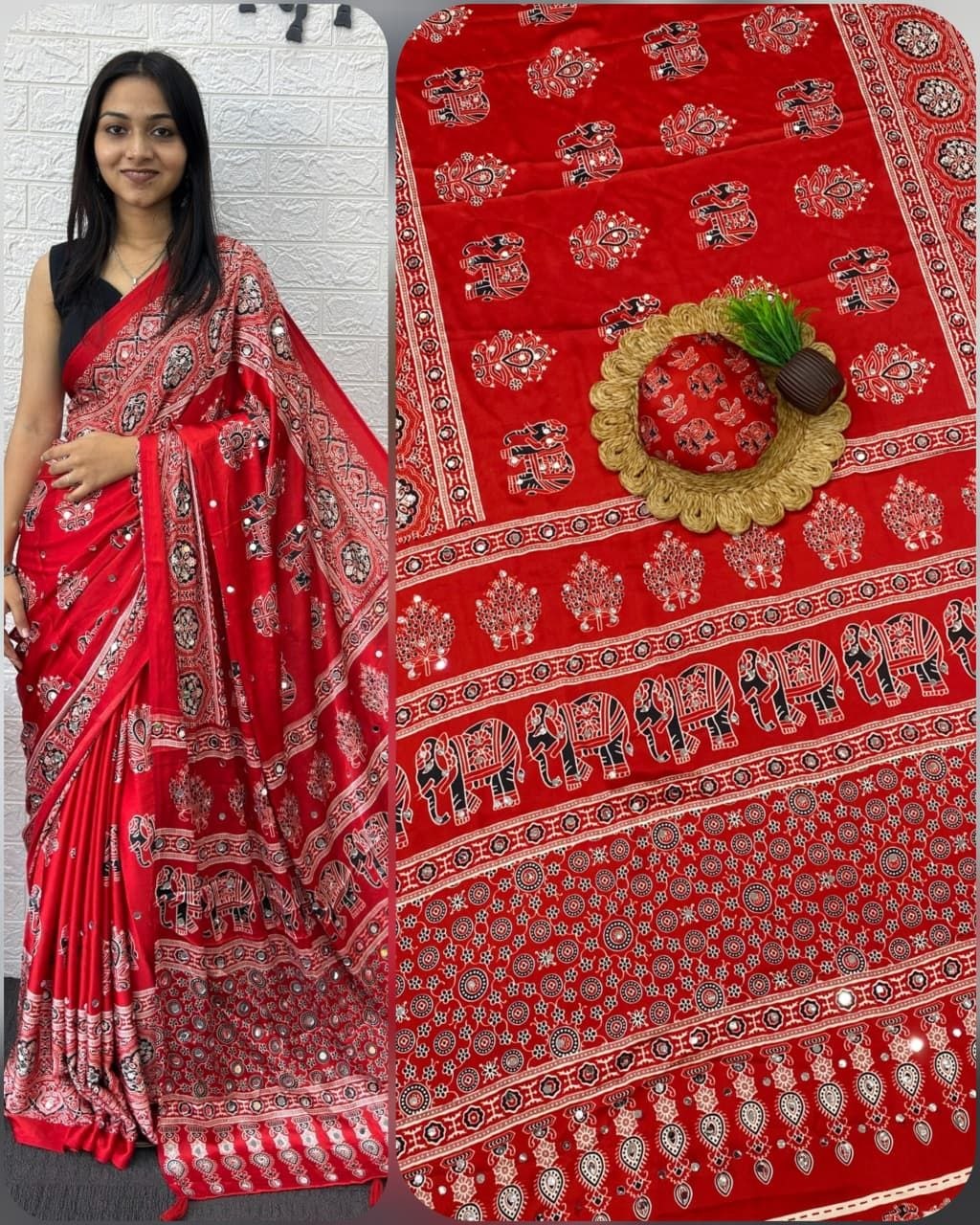 Red Ajrakh Elephant Print Saree with Real Mirror Work