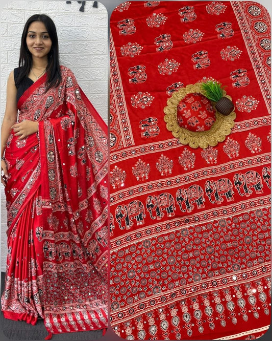 Red Ajrakh Elephant Print Saree with Real Mirror Work