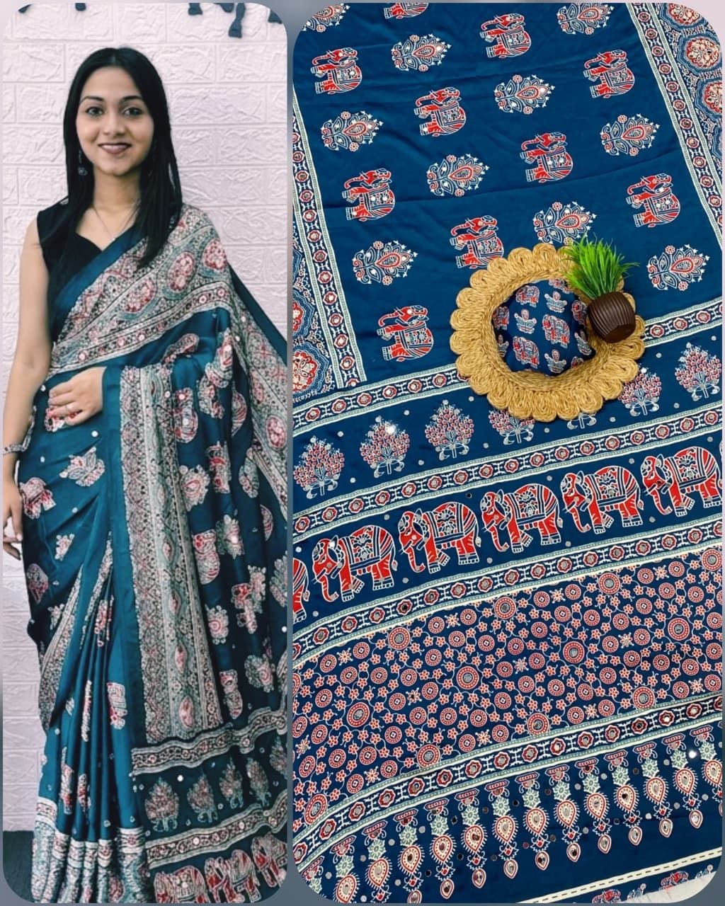 Teal Ajrakh Elephant Print Saree with Real Mirror Work
