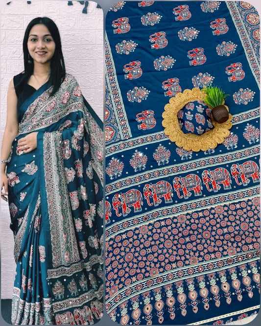 Teal Ajrakh Elephant Print Saree with Real Mirror Work