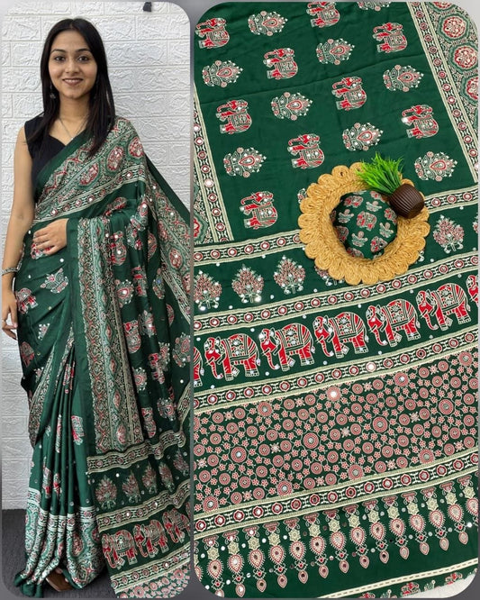 Bottle Green Ajrakh Elephant Print Saree with Real Mirror Work