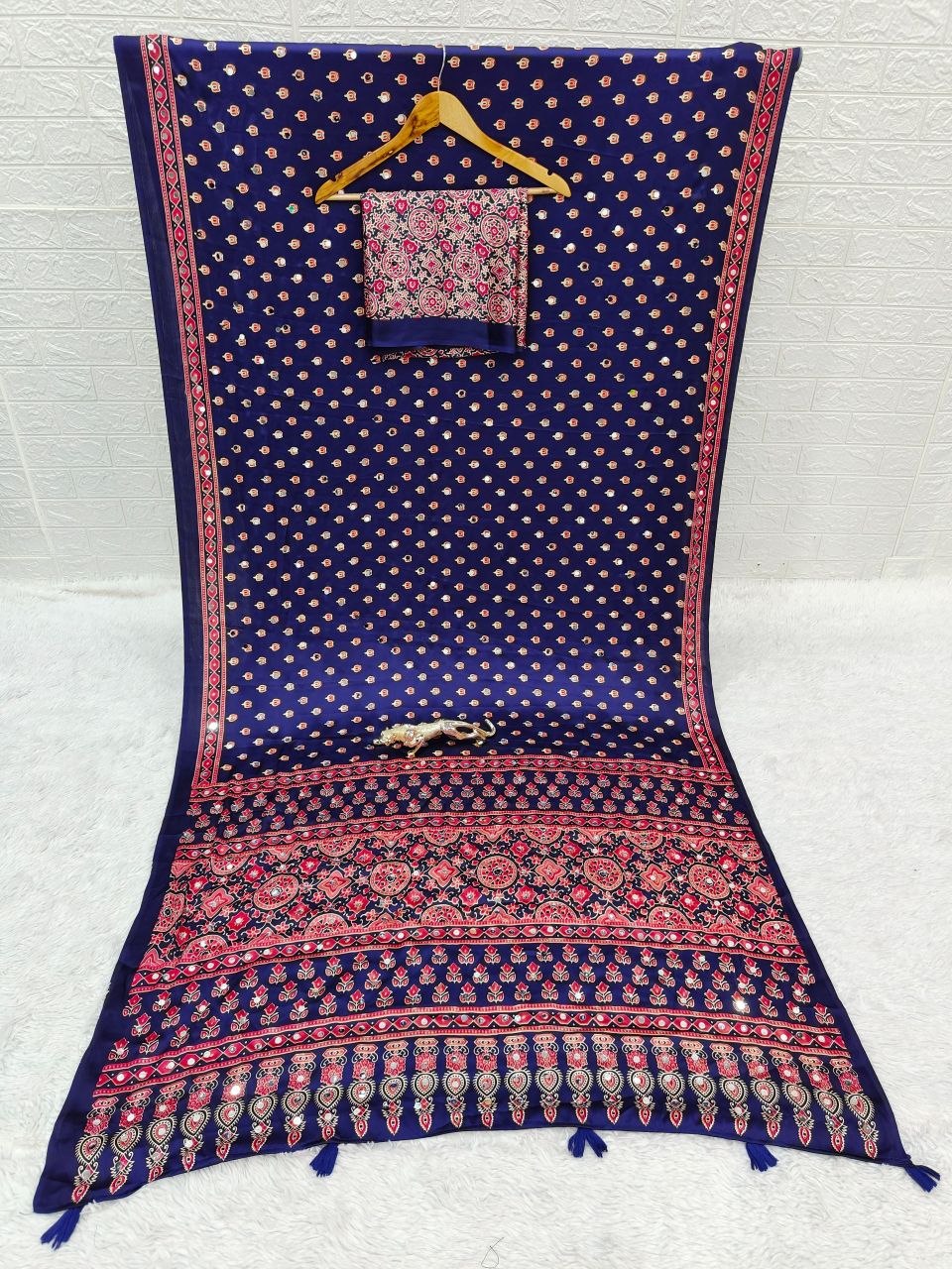 Navy Blue Ajrakh Print Saree with Real Mirror Work