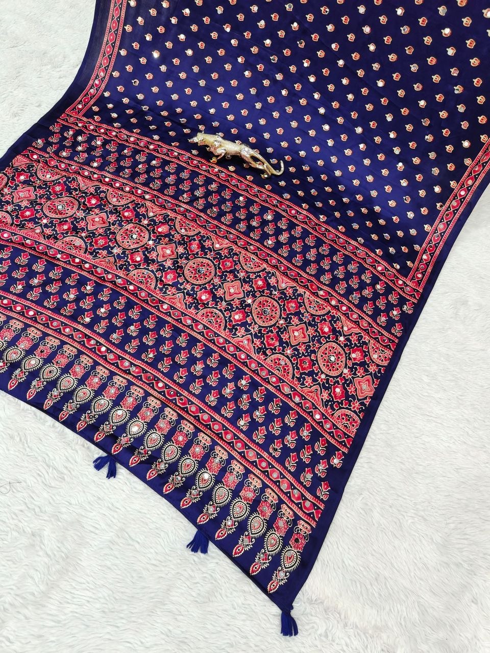 Navy Blue Ajrakh Print Saree with Real Mirror Work