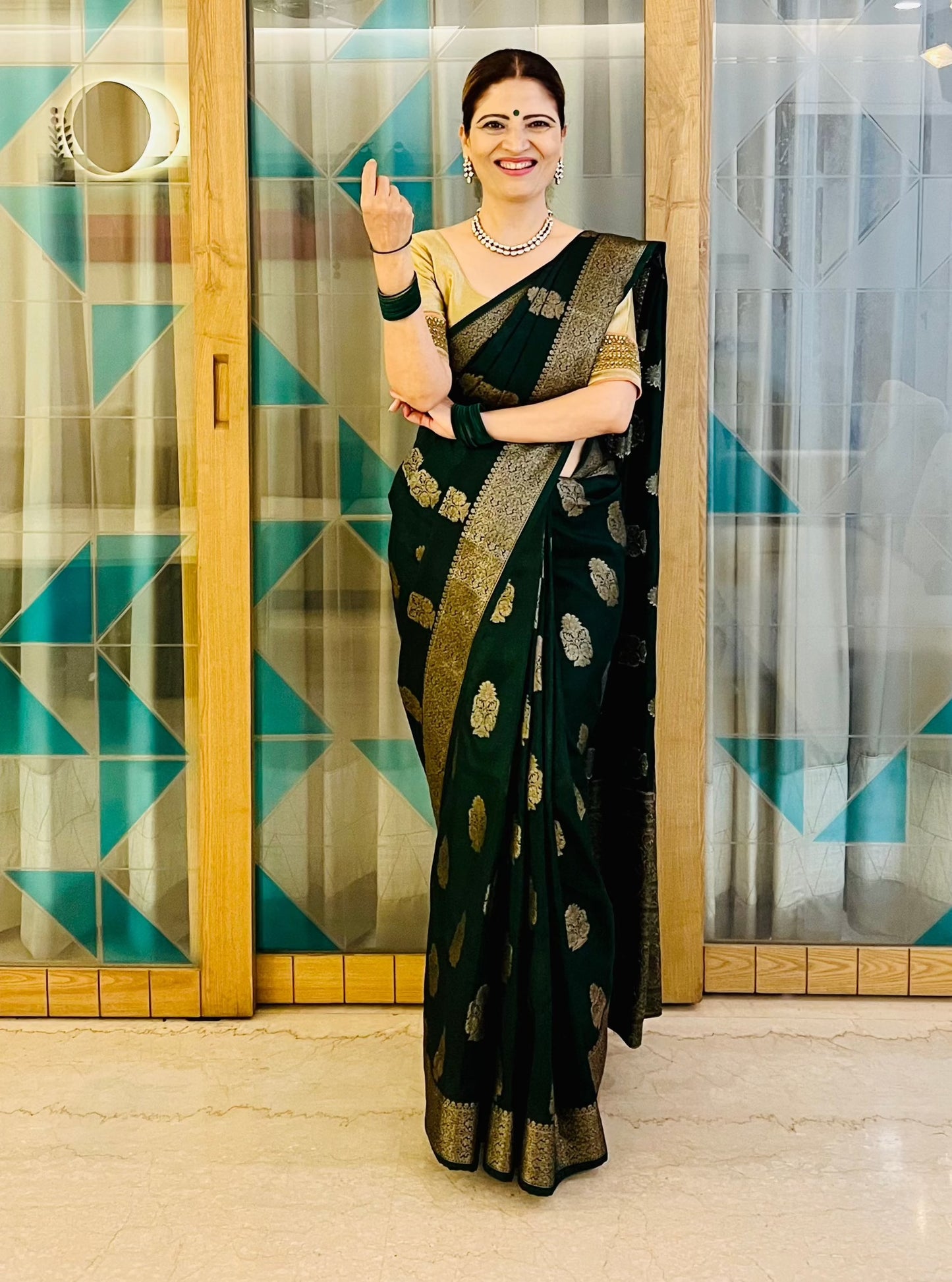 Bottle Green Banaras Crepe Silk- Heena