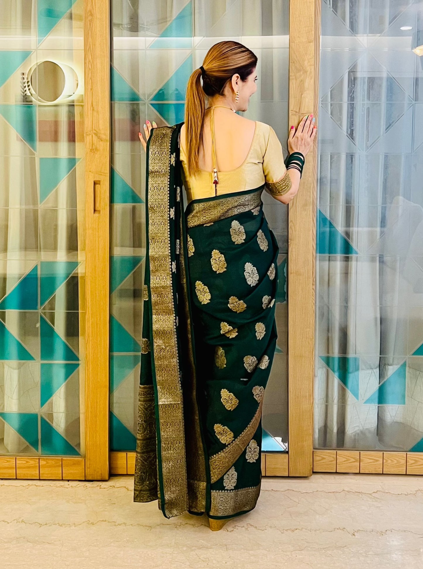 Bottle Green Banaras Crepe Silk- Heena