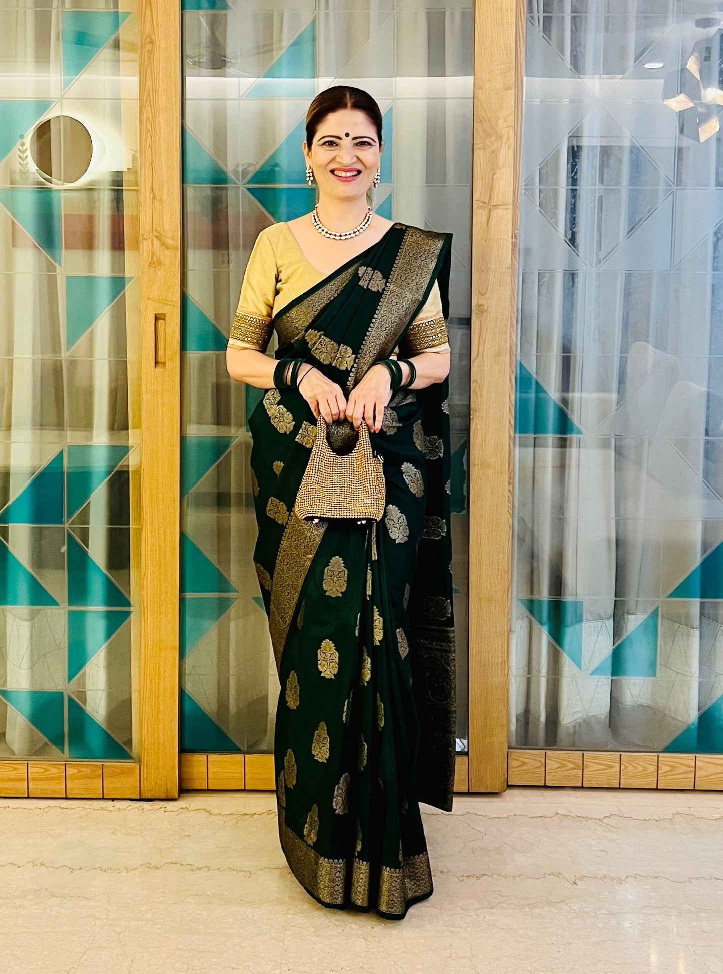 Bottle Green Banaras Crepe Silk- Heena