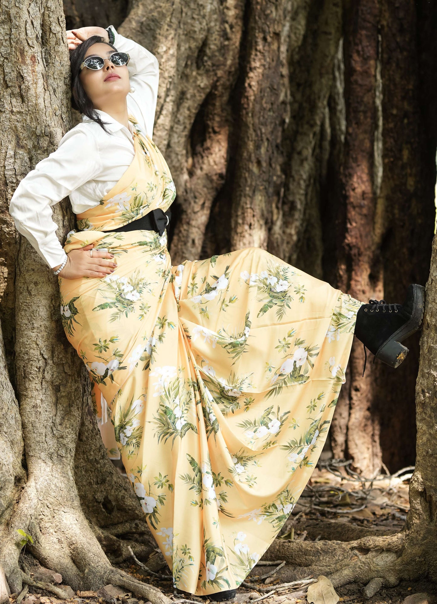 Printed Crepe Saree - Yellow