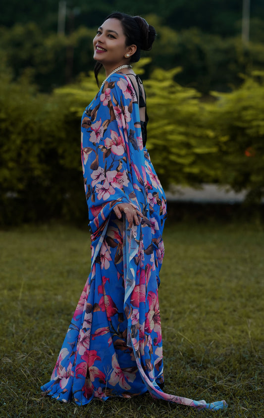 Flower Printed pure Georgette Saree - Blue - AbirabyBeena