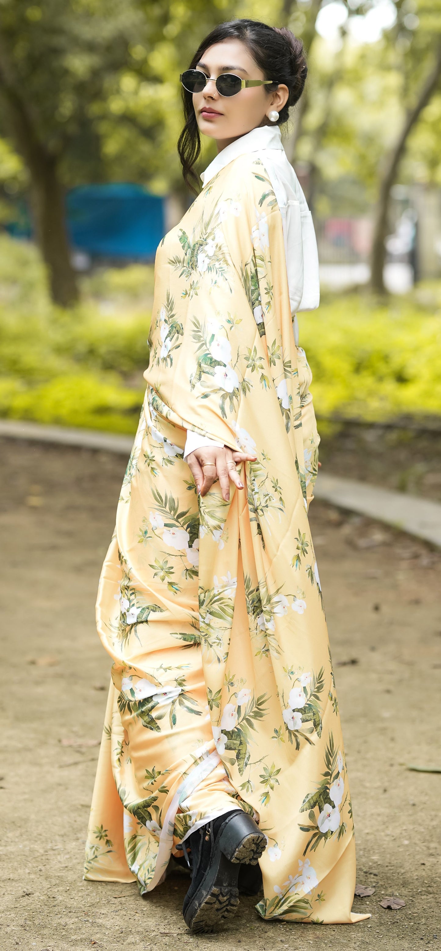 Printed Crepe Saree - Yellow