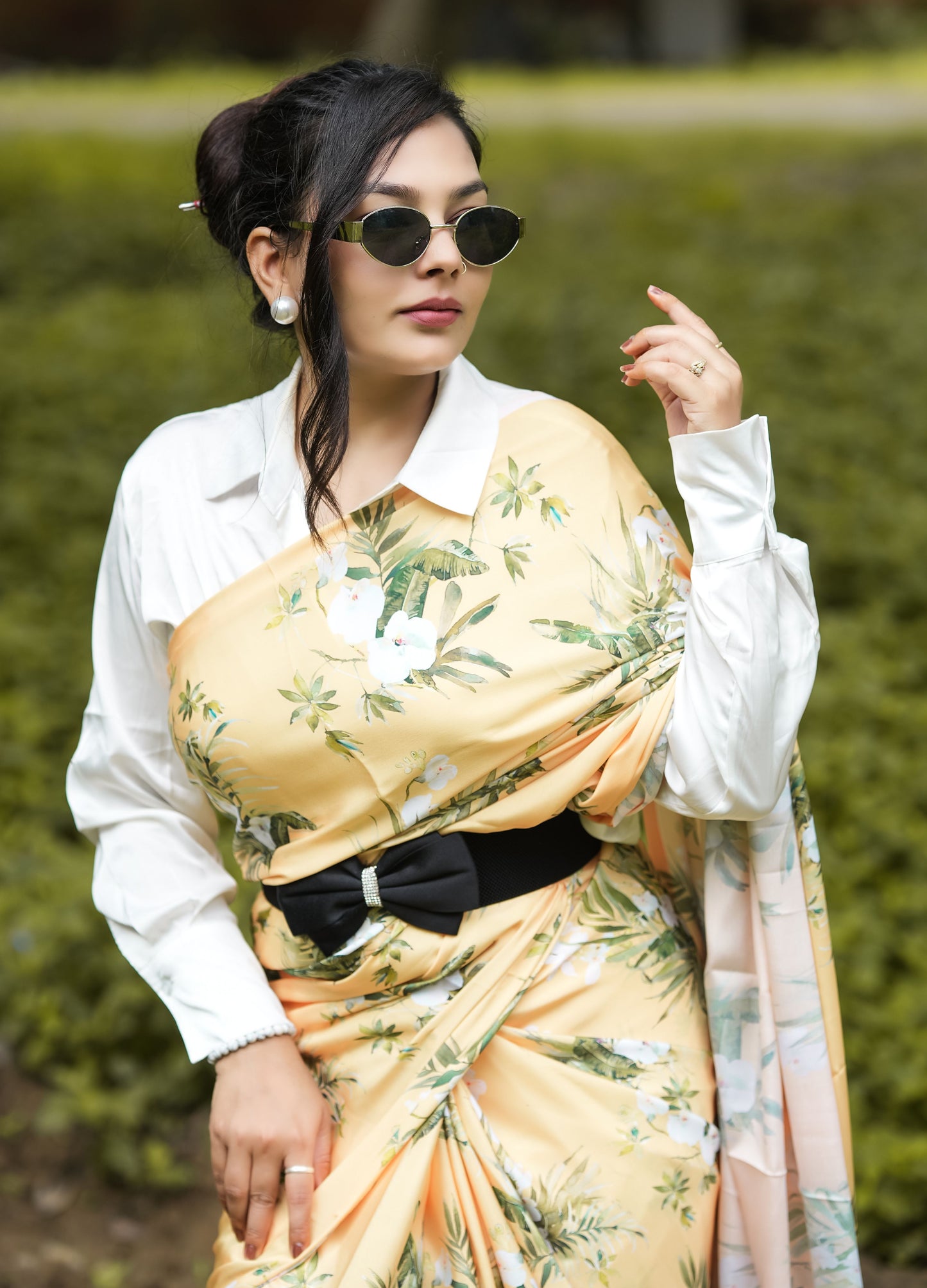 Printed Crepe Saree - Yellow