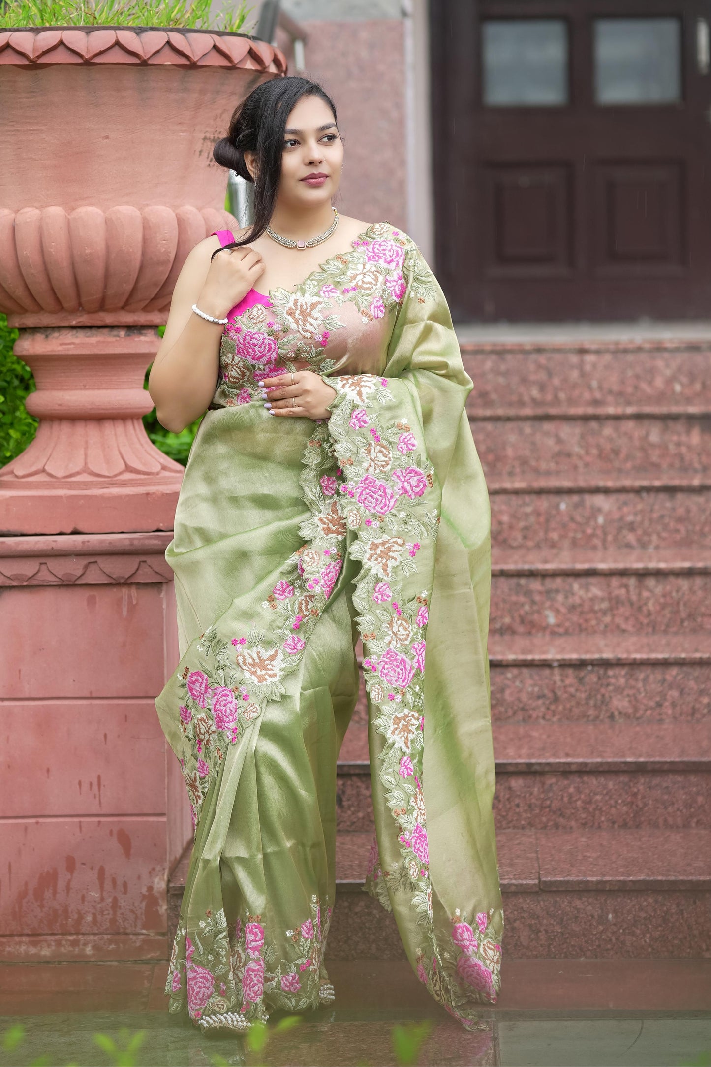 Embroidered cutwork tissue silk saree - Green