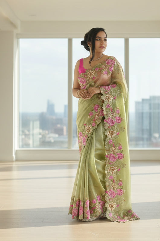 Embroidered cutwork tissue silk saree - Green