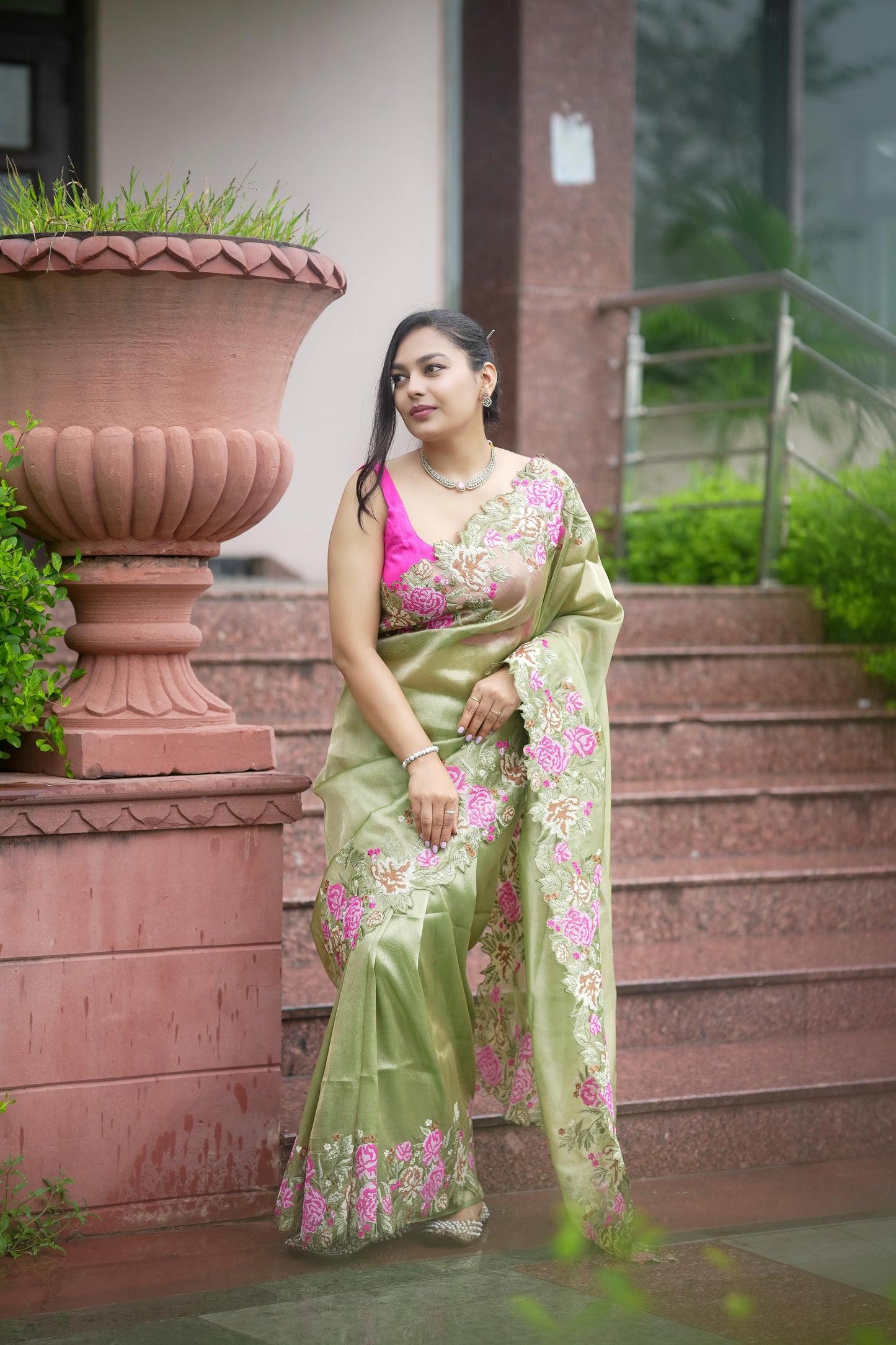 Embroidered cutwork tissue silk saree - Green