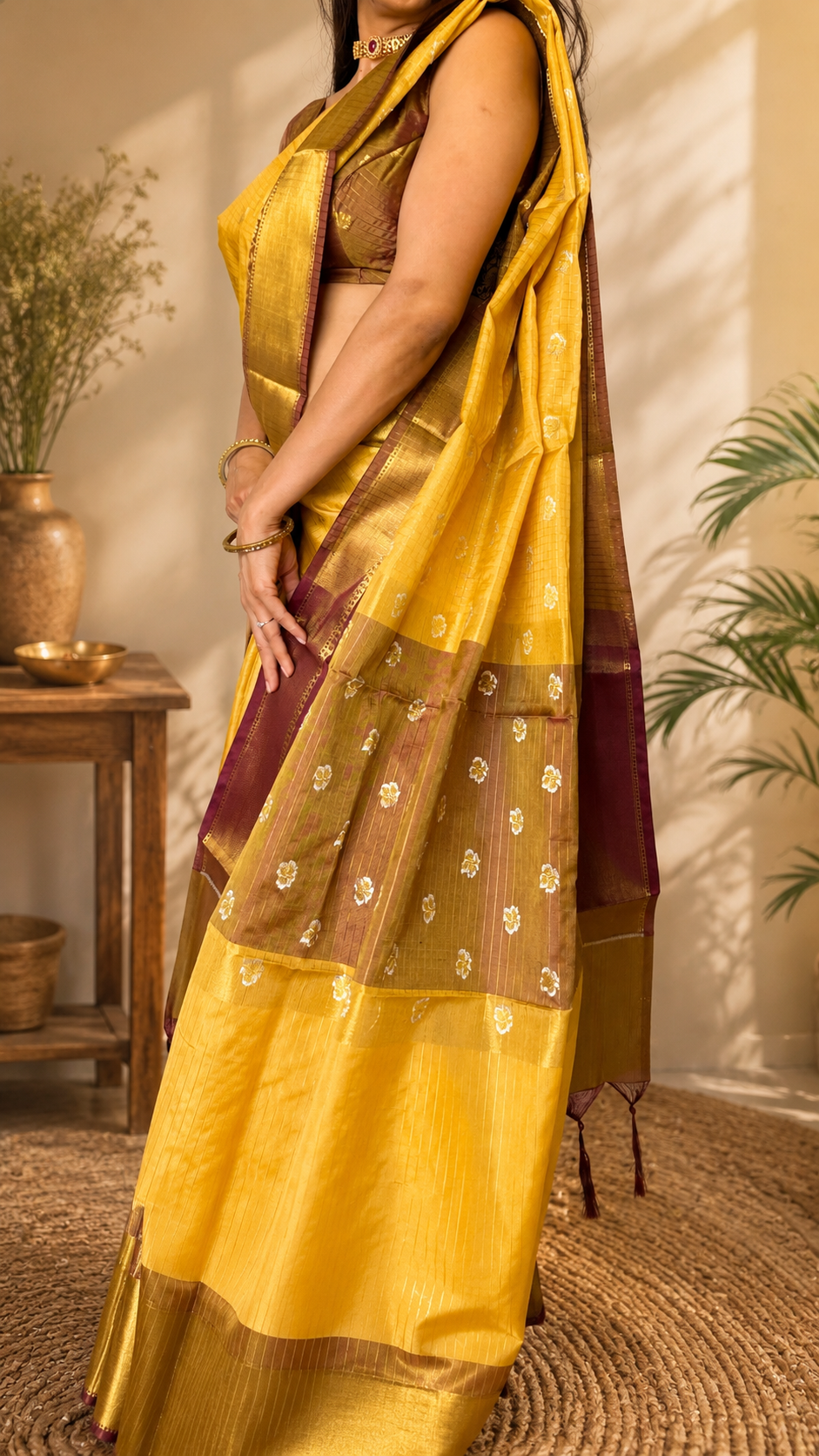 Soft Silk Saree – Yellow | Gold Zari Border