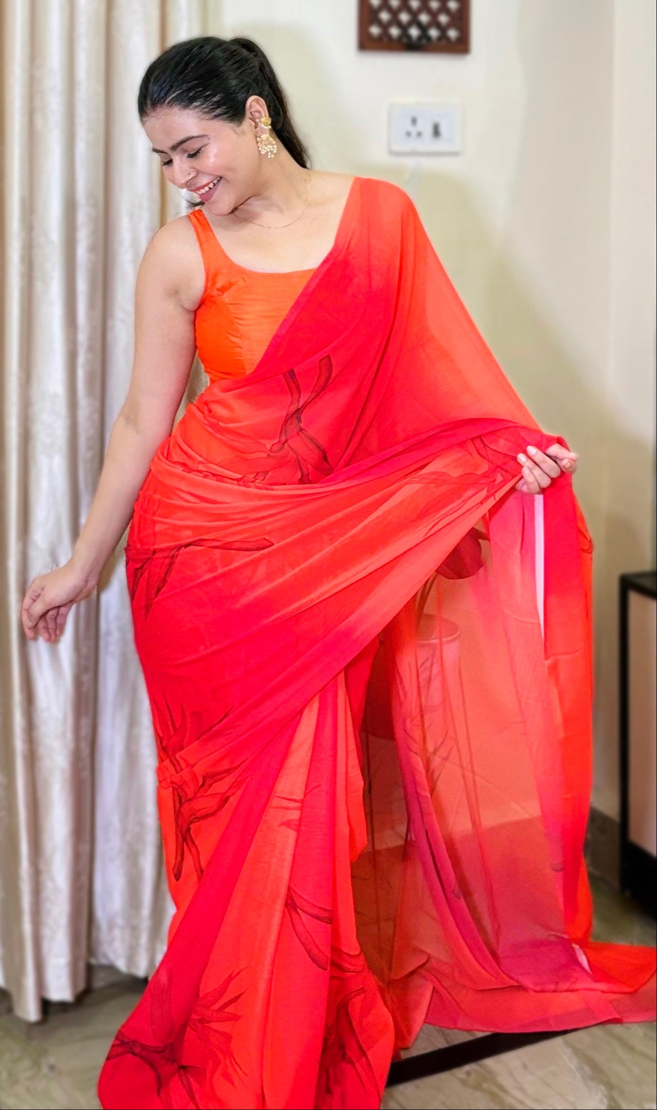 Sunset Bloom Printed Chiffon Saree