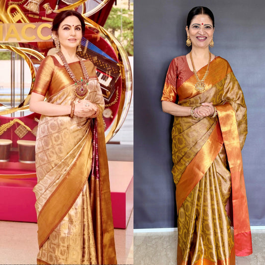 Nita-Inspired Tissue Silk Saree – Gold with Copper Border