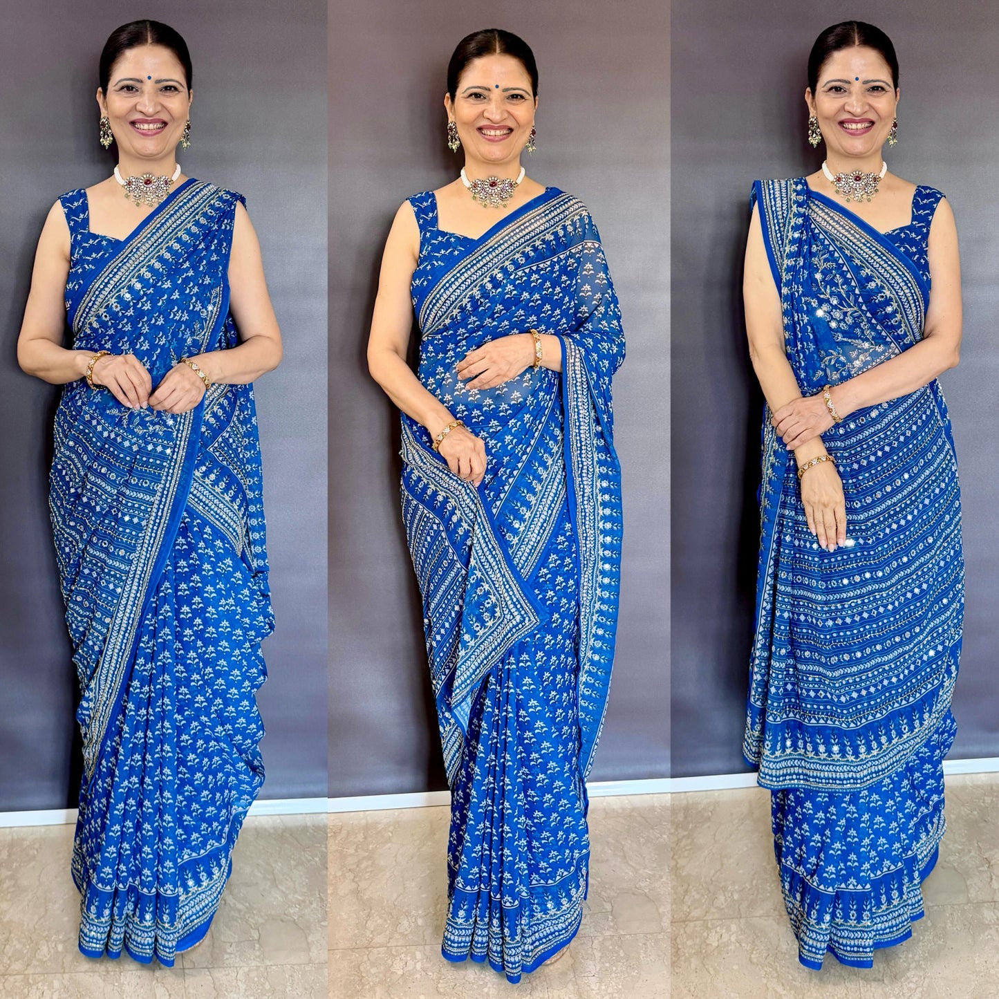 Kareena Printed Georgette Saree – Royal Blue