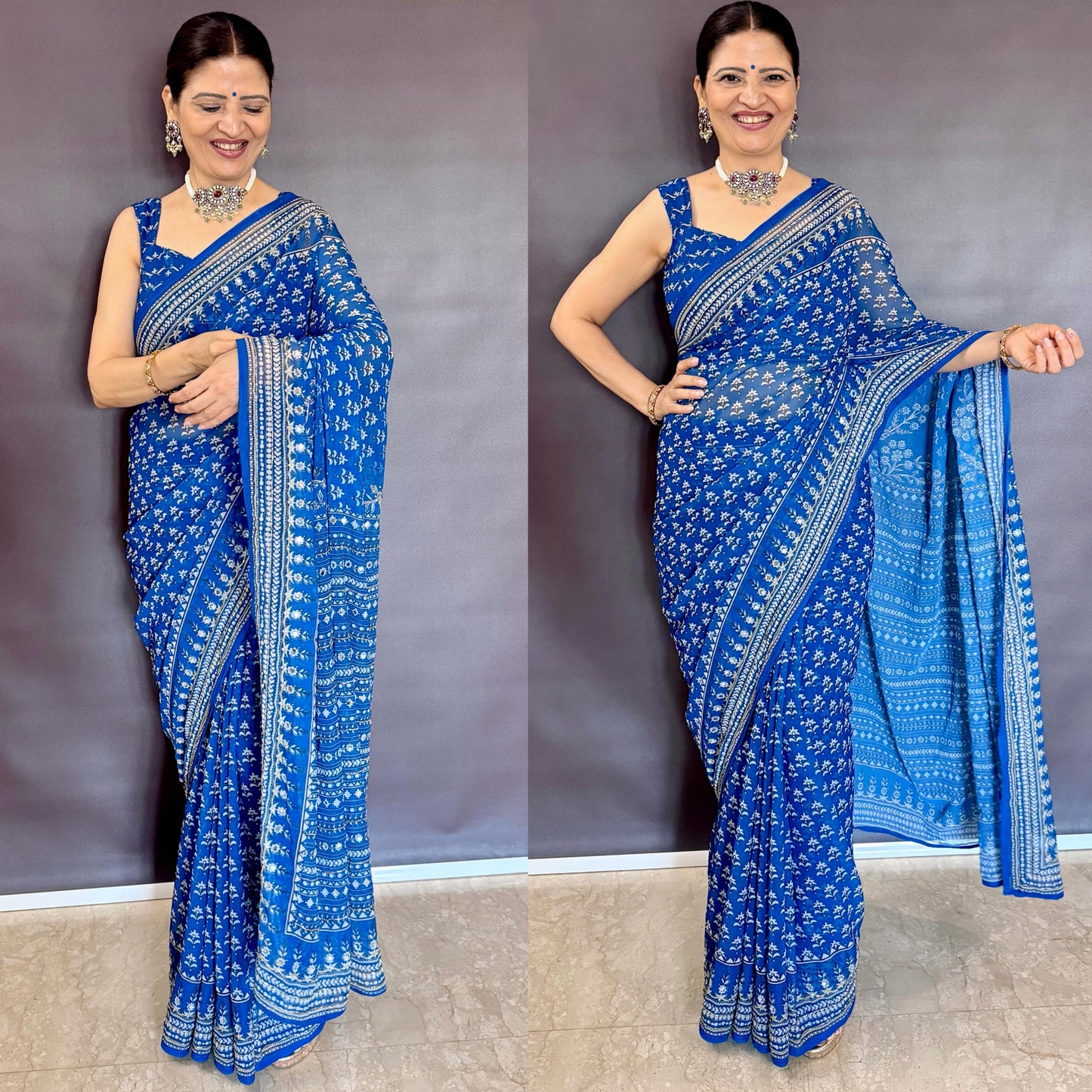 Kareena Printed Georgette Saree – Royal Blue