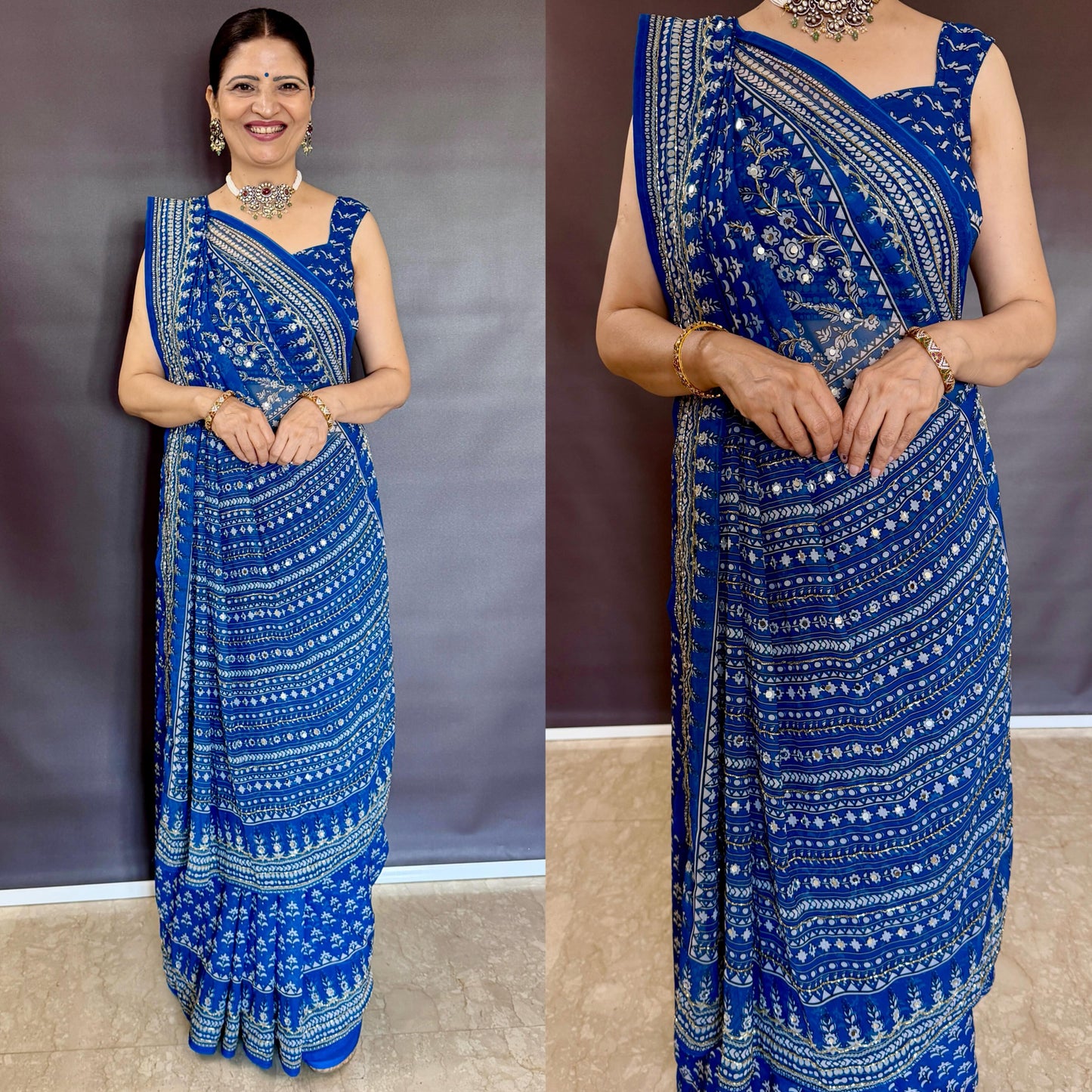 Kareena Printed Georgette Saree – Royal Blue