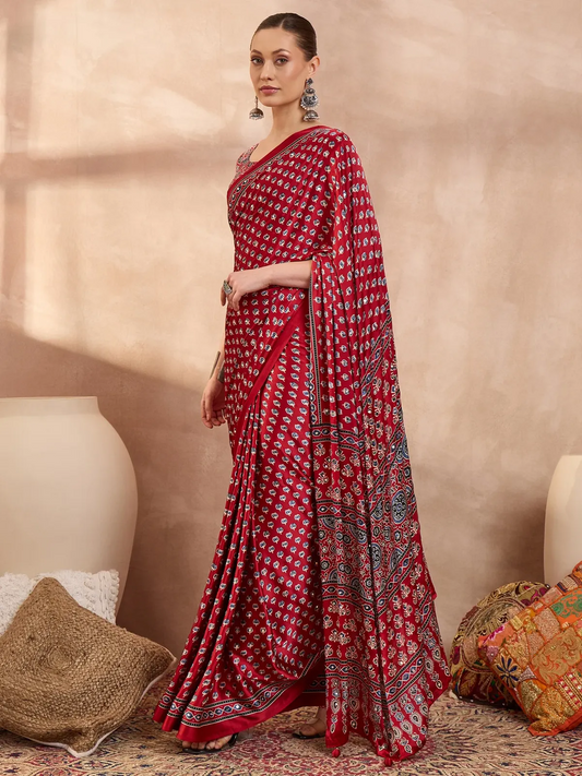 Red Ajrakh Print Saree with Real Mirror Work