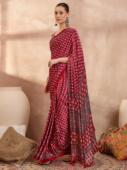 Red Ajrakh Print Saree with Real Mirror Work