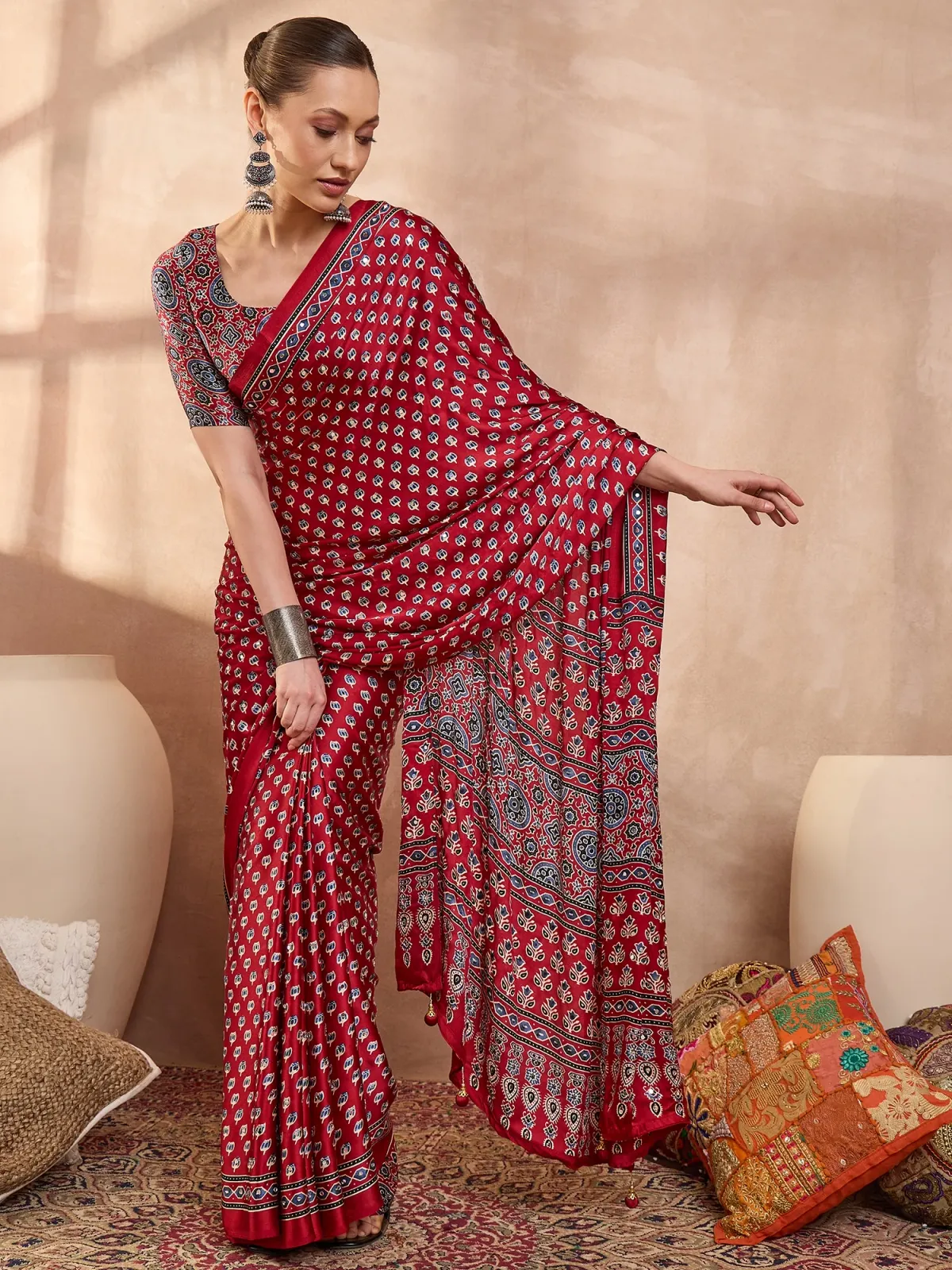 Red Ajrakh Print Saree with Real Mirror Work