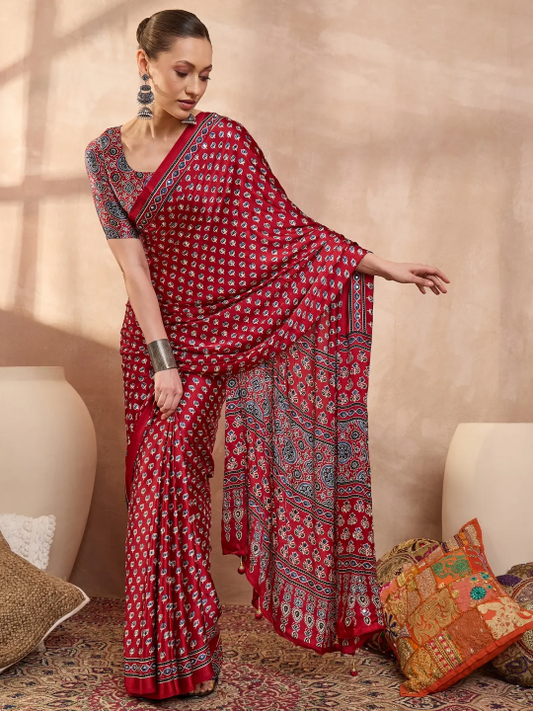 Red Ajrakh Print Saree with Real Mirror Work