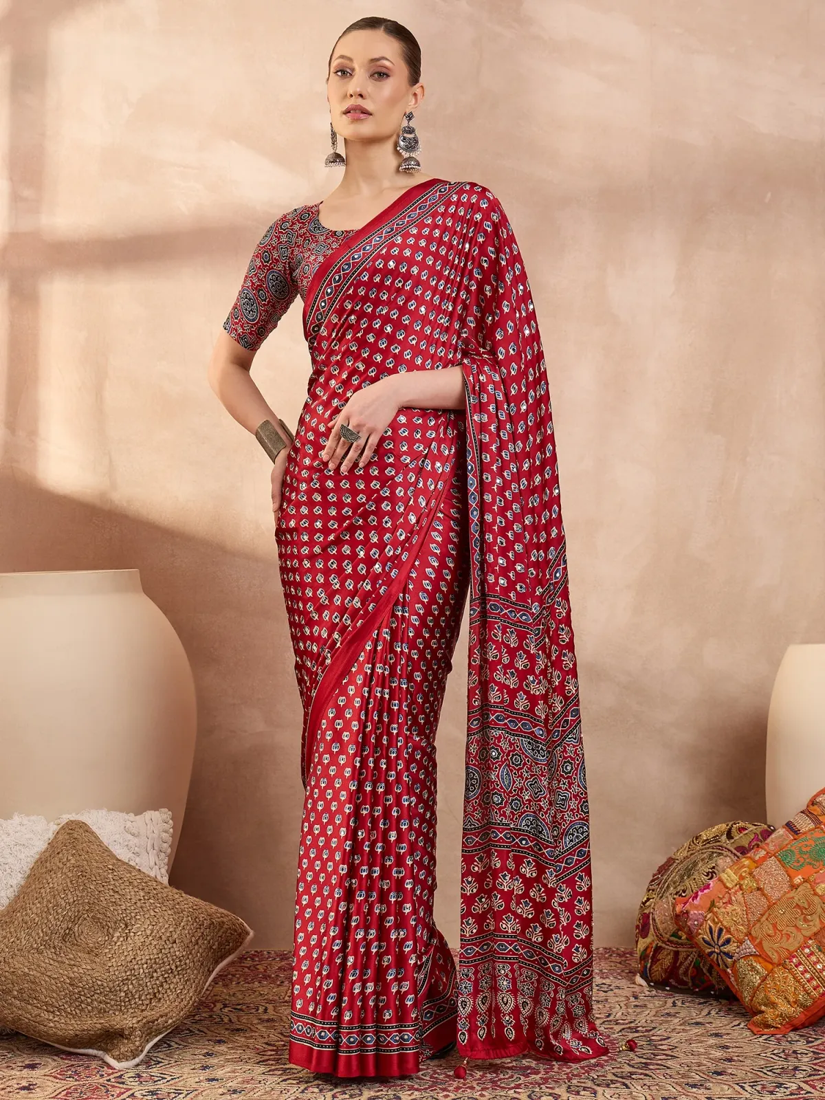 Red Ajrakh Print Saree with Real Mirror Work