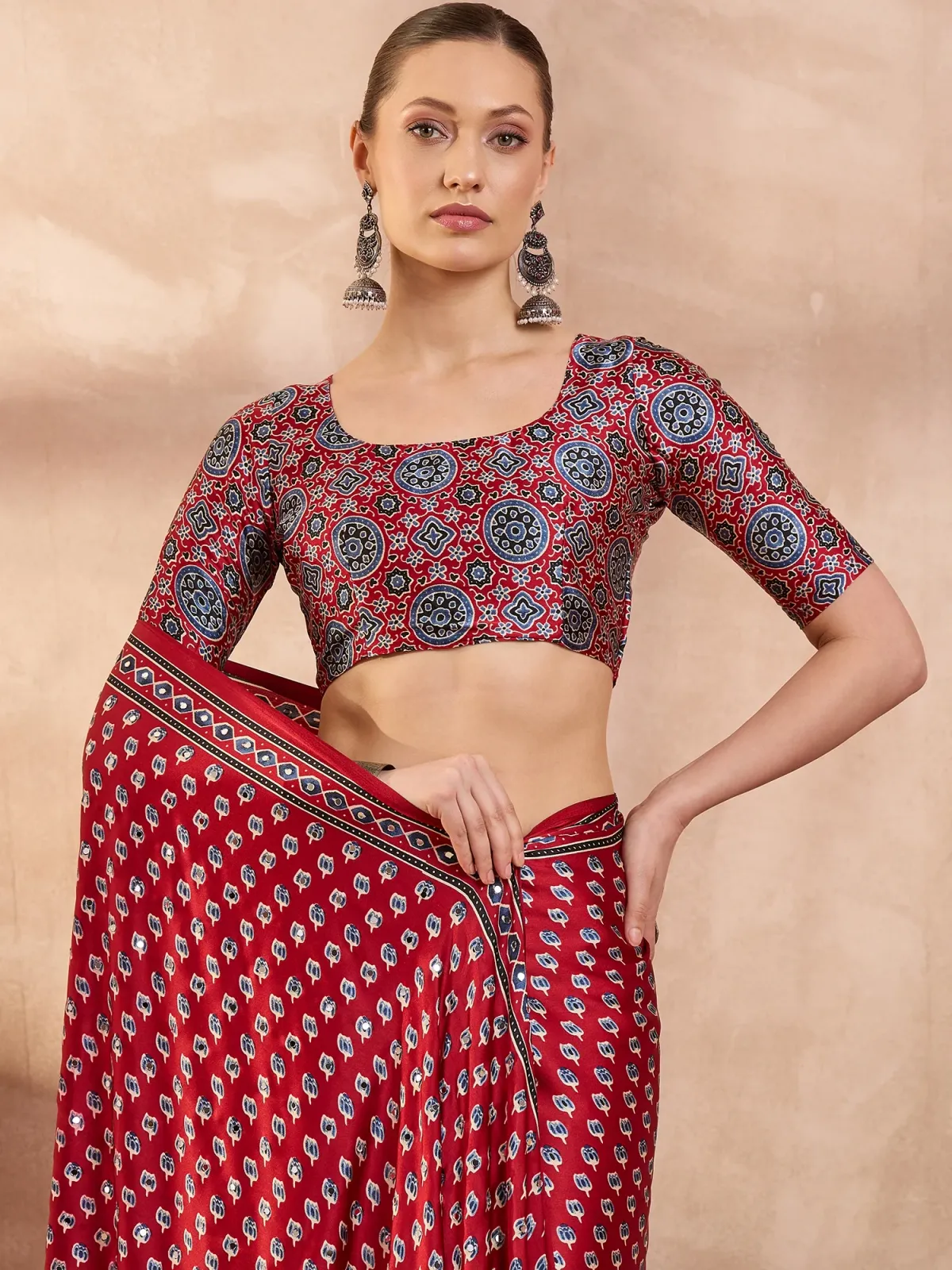 Red Ajrakh Print Saree with Real Mirror Work
