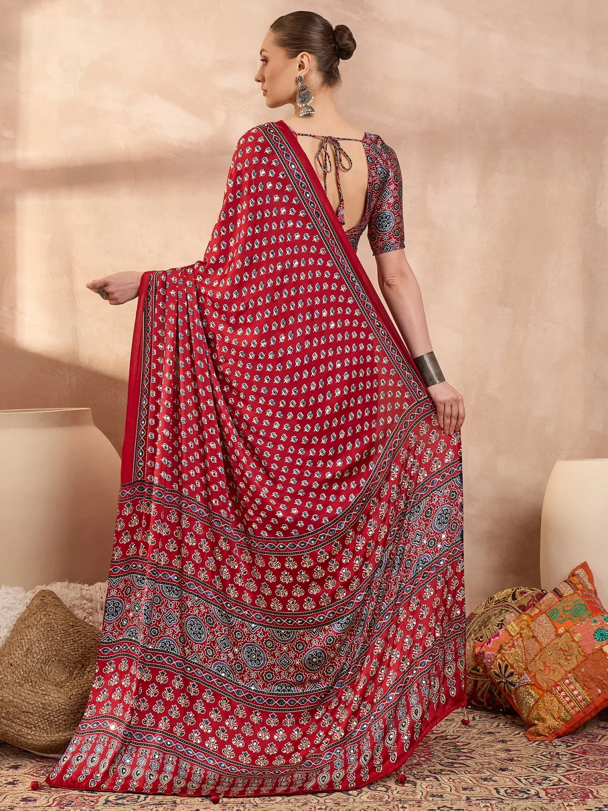 Red Ajrakh Print Saree with Real Mirror Work