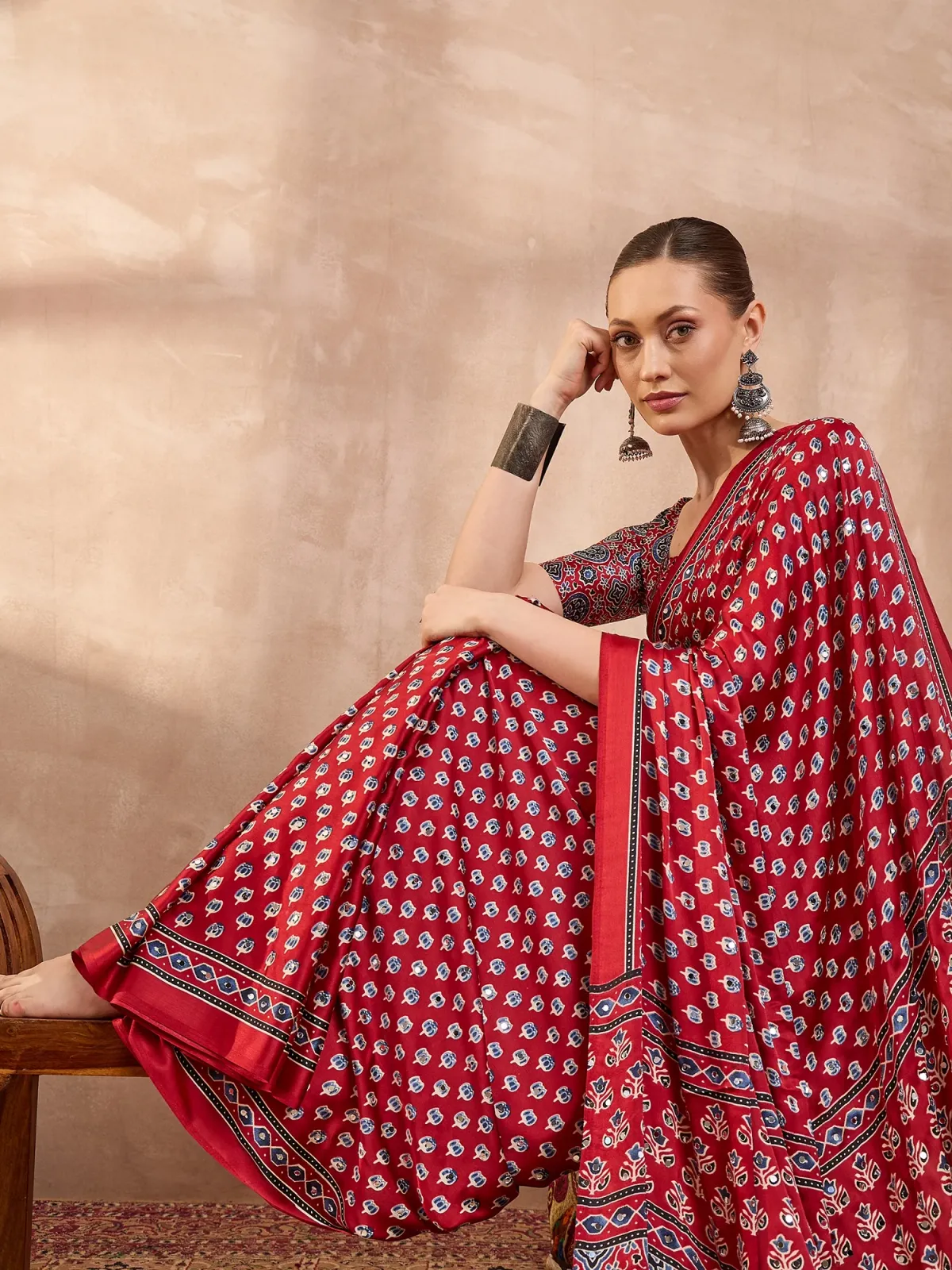 Red Ajrakh Print Saree with Real Mirror Work