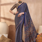 Navy Blue Ajrakh Print Saree with Real Mirror Work