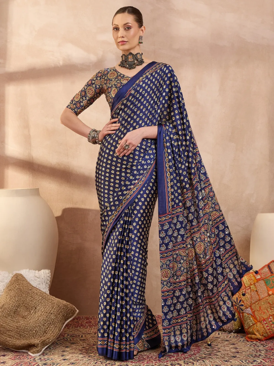 Navy Blue Ajrakh Print Saree with Real Mirror Work