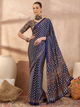Navy Blue Ajrakh Print Saree with Real Mirror Work