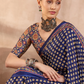Navy Blue Ajrakh Print Saree with Real Mirror Work