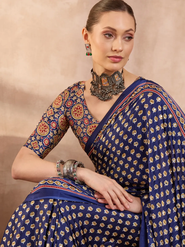 Navy Blue Ajrakh Print Saree with Real Mirror Work