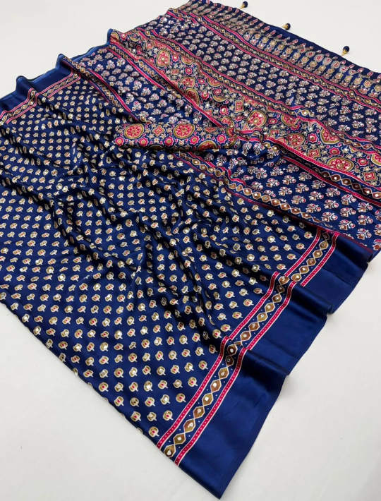 Navy Blue Ajrakh Print Saree with Real Mirror Work