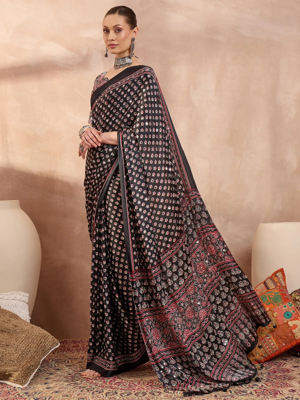 Black Ajrakh Print Saree with Real Mirror Work