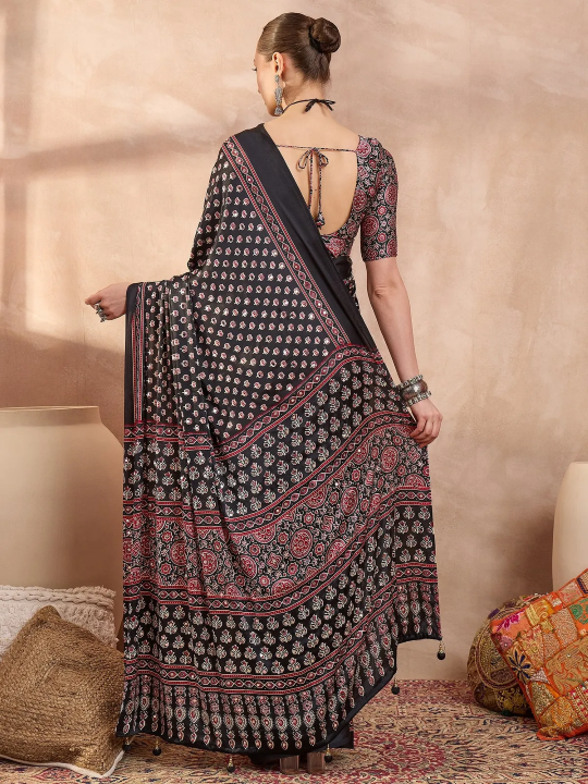 Black Ajrakh Print Saree with Real Mirror Work