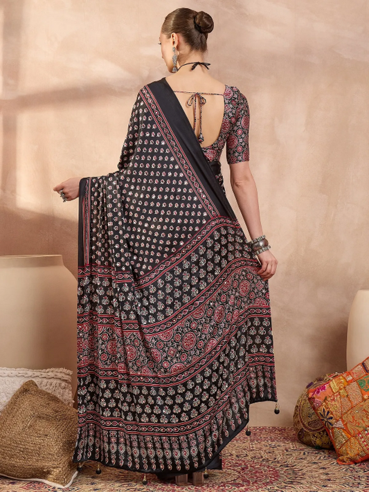Black Ajrakh Print Saree with Real Mirror Work