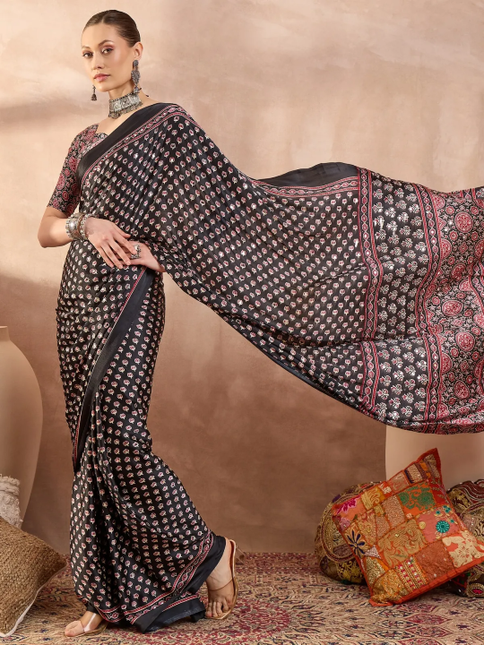 Black Ajrakh Print Saree with Real Mirror Work