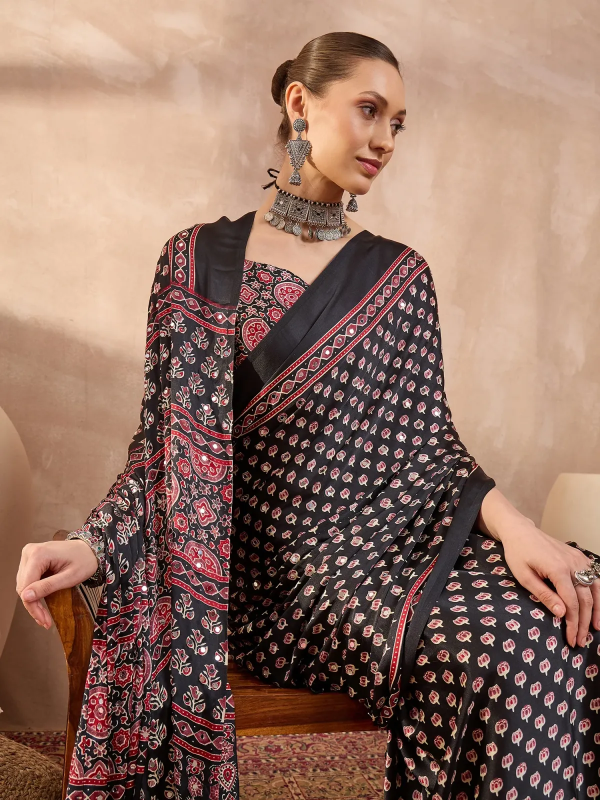 Black Ajrakh Print Saree with Real Mirror Work