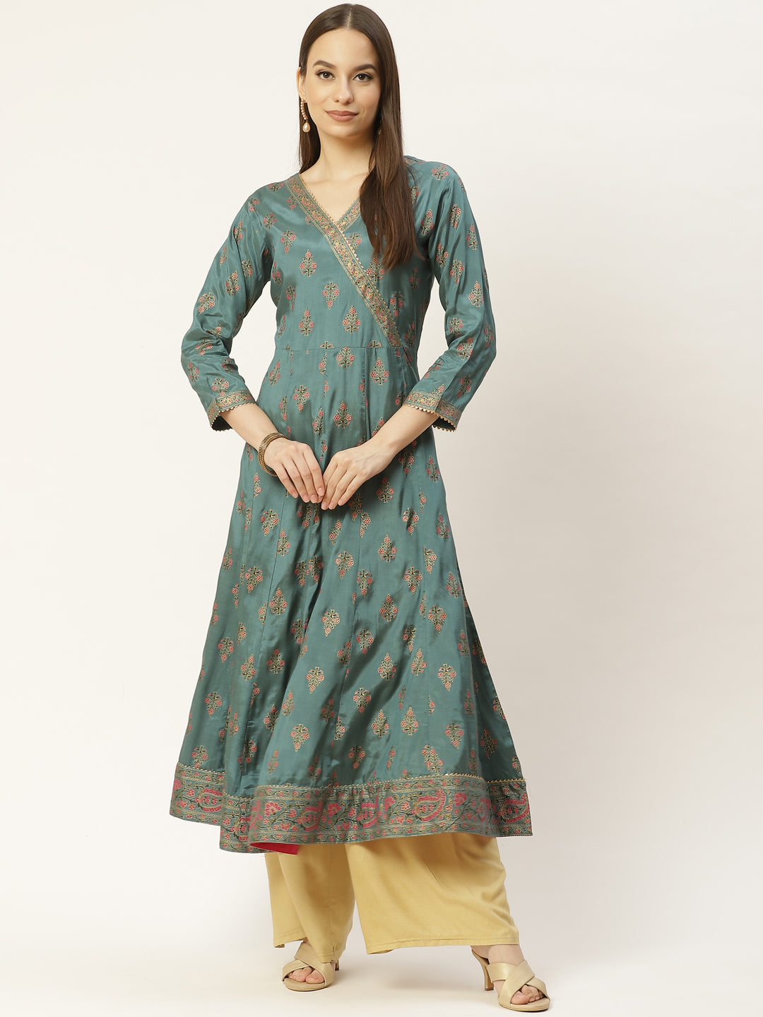 Green Printed & Embroided Rayon Anarkali